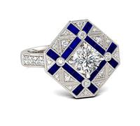 LRGKMCWTOB Anillos antiguos de plata vintage victoriano Art Nouveau Deco Cubic Zirconia CZ Zafiros Diamantes Cóctel Racimo Corte cuadrado Piedra Natural Marquesa Anillo personalizado, Talla 8