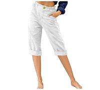 LRMQS Pantalones capri para mujer, de algodón, de lino, casuales, holgados, cómodos, modernos, cintura elástica, pantalones recortados, ropa de playa, Blanco #7, Small