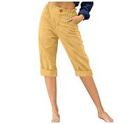 LRMQS Pantalones capri para mujer, de algodón, de lino, casuales, holgados, cómodos, modernos, cintura elástica, pantalones recortados, ropa de playa, Amarillo N.° 8, Medium