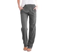 LRMQS Pantalones casuales de lino para mujer 2024 con cordón elástico en la cintura y bolsillos, ropa de descanso de moda para vacaciones, Gris #5, 3X-Large