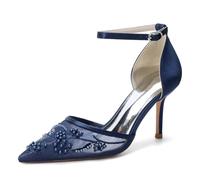 LRMYMHY Zapatos De Boda De Encaje para Mujer con Perlas Punta En Punta Tacón De Aguja De 3.35" Correa En El Tobillo Zapatos para Novia, Fiesta Y Vestido,Armada,41 EU