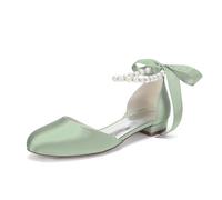 LRMYMHY Zapatos de Novia de Mujer de satén, Planos, con Cinta de Perlas y Correa en el Tobillo, tacón bajo de 0,8" y Punta Redonda,Sage Green,36 EU