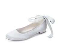 LRMYMHY Zapatos Planos De Satén con Punta Redonda para Boda con Perlas para Novia Graduación Noche Fiesta Zapatos Planos,Plata,36 EU