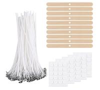 Lrocotanc Kit de Mechas para Velas - 100 Mechas de 20 cm Algodón, 100 Adhesivos y 10 Soportes de Madera, Ideal para DIY en la Fabricación de Velas y Candelabros