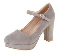 Lroey Reoly Merceditas de Mujer con Tacón En Bloque, Bombas de Tacón Alto Punta Rojoonda Hebilla Vestido Pumps con Plataforma Elegante Zapatos de Noche Sljaky Gris Talla 35 EU