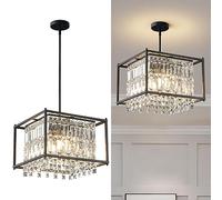 LRUII 4-Light Dining Room Light Fixture 40cm Square Lndustrial Farmhouse Chandelier Black Metal Crystal Pendant Light for Kitchen Island Dining Room Living Room Flat and Inclined Ceiling