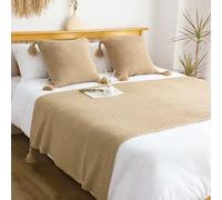 LRUPVEG Corredor De Cama para Pie De Cama, Bufanda De Fin De Cama Vintage con Borlas, Bufandas De Manta Siesta Punto para El Hogar Oficina Mantas Decoración Sala Estar(Khaki,80 * 260cm for 200cm Bed)
