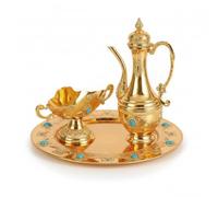 LRXFPIYF 3 Piezas Juego de Servicio de Bebidas Conjunto Coordinado con Bandeja Espejada Tetera con Tapa y Cuenco con Asas y Borde en Aleación de Zinc Adecuado, Dorado