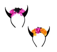 LRXIYODE 2 Piezas Diadema Halloween con Cuernos y Calavera Tocado con Flores y Accesorios para Fiesta Diseño Gótico y Punk para Mujer y Adolescentes