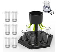 LSAMA Dispensador de chupito con 6 vasos de plástico - Dispensador de chupitos de cristal, dispensador para rellenar bebidas, vinos y bebidas (dispensador + taza + gris)