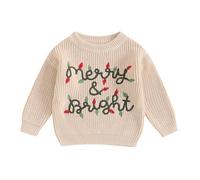 LSFYSZD Suéteres de manga larga con bordado de Navidad y calabaza, para bebés, niñas y niños, cuello redondo, para invierno, cálido, suéter de punto, Albaricoque Merry&Bright, 18 meses