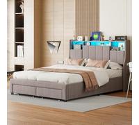 LSFYYDS Lit Capitonné, 140 x 200 cm, Avec fonction de Charge USB de Type C, éclairage LED et 4 tiroirs, lit Double Pour Adolescent, Double, Rangement, Cadre, sommier à Lattes en Bois