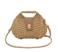 LSHIJI Bolsos De Paja Bolso de mimbre tejido paja elegante a la moda for mujer, bolso ratán, bandolera con cuerda, hombro, playa(Camel)
