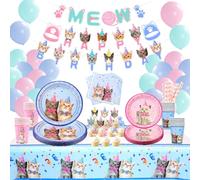 LSJDEER 210 piezas del partido del gato de disfraces conjunto, gatito desechable vajillas incluyendo bandera del feliz cumpleaños globos macaron platos platos de postre servilletas vasos cubiertos