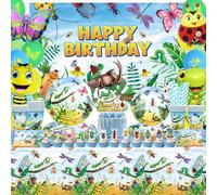 LSJDEER Decoraciones de fiesta de insectos, suministros de cumpleaños, platos, vasos, servilletas, mantel, fondo de feliz cumpleaños, y decoración de pastel