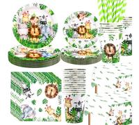 LSJDEER Juego de vajilla de cumpleaños con tema de la jungla de Safari - Decoraciones de 1er cumpleaños de Wild One - Platos de cena Platos de postres Platos Tazas Servilletas Mantel Pajitas, sirve 20