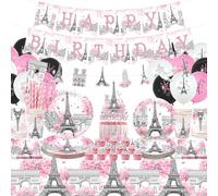 LSJDEER París Torre Eiffel Cumpleaños Decoraciones de Fiesta Platos Tazas Servilletas Mantel Happy Birthday Banner Globo Cake Toppers para París Tema Fiesta Decoraciones, Serves 20