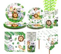 LSJDEER Safari Jungle Juego de vajilla de cumpleaños - Platos llanos Postres Platos Vasos Servilletas Mantel Pajitas para suministros de fiesta de animales, sirve 20