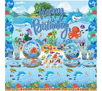 LSJDEER Suministros para fiestas bajo el mar: platos, vasos, servilletas, manteles, globos de fondo, decoración para tartas para decoraciones de fiesta de cumpleaños del mundo submarino, sirve 20