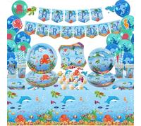 LSJDEER Suministros para fiestas bajo el mar, vajilla para fiestas en el océano, platos, decoración para tartas para decoración de fiestas de cumpleaños del mundo submarino, sirve 20