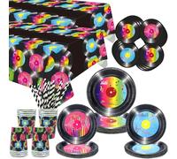 LSJDEER Suministros para fiestas de discos de los años 50, vajilla de disco de rock, platos de cena, platos de postre, tazas, servilletas, mantel, pajitas para fiestas temáticas de los años 50, sirve