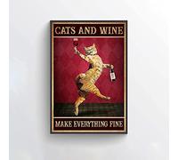 Lsjuee Arte decorativo Metal Tin Sign Cats and Wine Make Everything Fine Lover Gift Home Decor Wall Decor Cat Artwork Wall Art 8 x 12 pulgadas