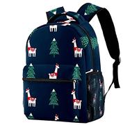 Lsjuee Christmas Tree Alpaca Cute Cartoon Llama Mochila para niños y niñas con correas de hombro ajustables, asa de transporte y mangas dobles para botellas de bebida