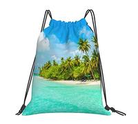 Lsjuee Isla con playa de arena y palmeras Bolso con cordón de ocio simple unisex, bolsos con cordón de gimnasio, bolsas de almacenamiento de mochila portátiles al aire libre