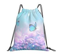 Lsjuee Mochila con cordón Flor de primavera Mariposa púrpura Cuerda azul Bolsa de gimnasio Pull Cinch Sackpack para hombres Mujeres Deporte Yoga Viajes Natación