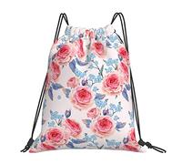 Lsjuee Mochila con cordón rosa flor hoja azul Floral cuerda gimnasio bolsa Pull Cinch Sackpack para hombres mujeres deporte Yoga viaje natación