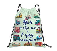 Lsjuee You Make Me Happy Camper Trailer Unisex Simple Ocio Bolsa con cordón, Bolsas con cordón para gimnasio, Mochila portátil para exteriores Bolsas de almacenamiento
