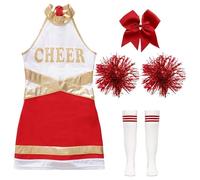 LSNNMU Uniforme de animadora for niños, conjunto ropa baile con bolas flores, equipo(B Red,14)
