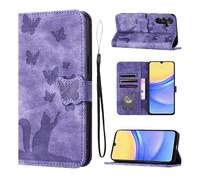 LSPCASA Carcasa para Samsung Galaxy A16 5G 6.7 Material De Piel Sintética Funda Samsung A16/SM-A166B con Ranuras para Tarjetas Patrón De Mariposa De Gato Movil Samsung A16/SM-A166B, Púrpura