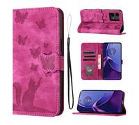 LSPCASA Funda Motorola G84 para Motorola Moto G84 5G Material De Piel Sintética Funda Moto G84 con Ranuras para Tarjetas Patrón De Mariposa De Gato Funda Motorola Moto G84 Rosa