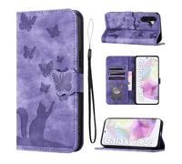 LSPCASA Funda para Samsung Galaxy A36 5G(6.7 Pulgadas) Carcasa Protectora de PU Ranuras para Tarjetas y Soporte Patrón de Gato y Mariposa Tapa para Samsung Galaxy A36 5G-Púrpura