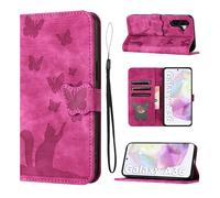 LSPCASA Funda para Samsung Galaxy A36 5G(6.7 Pulgadas) Carcasa Protectora de PU Ranuras para Tarjetas y Soporte Patrón de Gato y Mariposa Tapa para Samsung Galaxy A36 5G-Rosa
