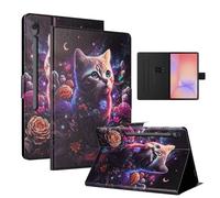 LSPCASA Funda para Samsung Galaxy Tab S10 Lite 2025/S10 FE/S9 FE 10,9 pulgadas/S9 Folio Flip PU Cuero Funda con Soporte Ranura para Tarjetas Wallet Tablet Cover para Galaxy Tab S10 Lite Peonía Gato