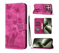 LSPCASA Xiaomi 14T Katlanır Koruyucu Kılıf - Dik Durma Fonksiyonu, Kart Bölmeli Deri Kılıf, Kelebek ve Kedi Desenli - Pembe