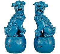 LSWKG Un par de Leones de Pekín, Fu Foo Dogs Estatuas, Cerámica Azul Cerámica Feng Shui Prosperity Casa de la Ciudad Mal Evil Spirit Decoration, Hogar y Oficina Escultura