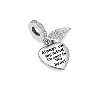 LSxAB Abalorio conmemorativo de corazón con alas de ángel brillante, compatible con pulseras Pandora para mujer, joyería de regalo, Cobre, No es una piedra preciosa