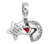 LSxAB Abalorio de luna y estrella con texto en inglés "I Love You To The Moon and Back", compatible con pulseras Pandora, Cobre, No es una piedra preciosa