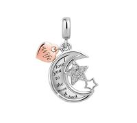 LSxAB Abalorio de luna y estrella con texto en inglés "I Love You to The Moon and Back Moon and Star para mamá, hija, miembros de la familia, compatible con pulseras Pandora, Cobre, No es una piedra