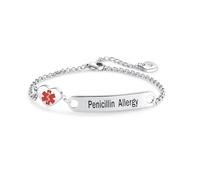 LSxAB Pulsera de identificación médica con forma de corazón para mujeres y niñas, pulsera de primeros auxilios de emergencia de acero inoxidable ajustable, ajustable (18 + 4 cm), Acero inoxidable, No
