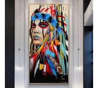 LSYALUCK Retrato de mujer Cuadros de pared Decoración del hogar Plumas coloridas Mujer india Pinturas en lienzo en la pared Pósteres artísticos Impresiones 80x150 cm (31x59 pulgadas) Sin marco