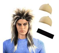 LSYYSL 1 Peluca de Rock con 1 Banda de Pelo Negra y 2 Fundas para la Cabeza en Tono de Piel, Peluca de Pop Rock para Hombre, combinación de Atuendo de Rock, Adecuada para Disfraces y Mardi Gras.