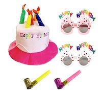 LSYYSL 1 sombrero de feliz cumpleaños con 2 vasos y silbatos de fiesta, sombreros de vela multicolor, accesorios de exhibición de disfraces, felpa de adulto para arriba, fiesta, reunión, rosa, 11 x 17
