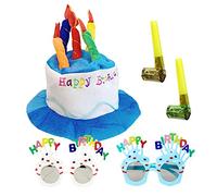 LSYYSL 1 sombrero de peluche de feliz cumpleaños, sombrero de peluche de pastel, accesorios de espectáculo de disfraces de fiesta de cumpleaños con 2 vasos de cumpleaños y 2 sopladores de fiesta.