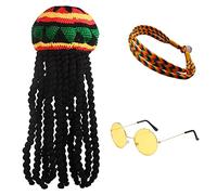 LSYYSL 1 sombrero largo trenzado, 1 par de anteojos y 1 pulsera trenzada, gorra de peluca trenzada negra, accesorios de disfraces para fiestas, cosplay