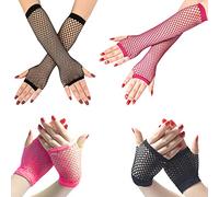 LSYYSL 4 pares de guantes largos y cortos de malla punk sin dedos, guantes elásticos para mujer, accesorios de disfraces de los años 80 (rojo rosa, negro), rosa rojo, negro