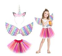 LSYYSL Traje de arco iris de dibujos animados de 3 piezas, vestido de arco iris para niños, vestido de princesa de color degradado, conjunto de alas de ángel, tutú, accesorios de disfraz de cosplay.